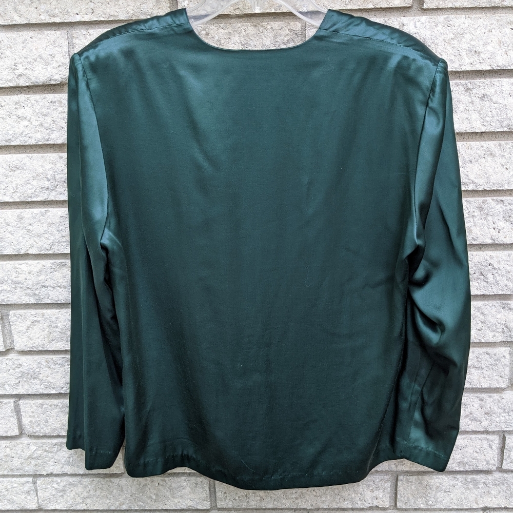 Satin 1980's Dark Academia Blouse Size Large Hunter Green Button Retro